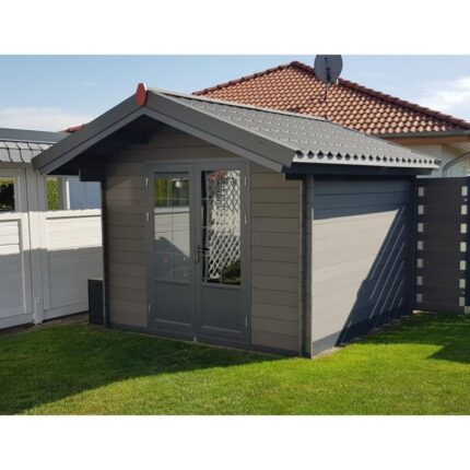 Abri de jardin en bois composite 28mm gris foncé 9m² double porte alu et double vitrage